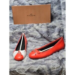 NWB COACH Lara Silk Nappa Ballet Flats Red/Orange‎ Leather Bow Logo Size 8